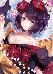 Rule 34 | 1girl, absurdres, bare shoulders, blue eyes, blush, breasts, cleavage, closed mouth, commentary request, dutch angle, fate/grand order, fate (series), floral background, flower, flower request, hair ornament, hairpin, hand up, highres, japanese clothes, katsushika hokusai (fate), kimono, large breasts, obi, octopus, off shoulder, purple hair, purple kimono, sash, short hair, smile, solo, tanaji, twitter username