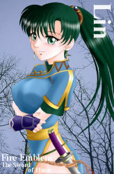Rule 34 | 1girl, breasts, character name, copyright name, crossed arms, earrings, female focus, fingerless gloves, fire emblem, fire emblem: the blazing blade, gloves, green eyes, green hair, hissaa (starlight express), jewelry, katana, long hair, lyn (fire emblem), matching hair/eyes, nintendo, ponytail, side slit, solo, sword, tree, weapon