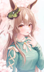 Rule 34 | 1girl, absurdres, animal ear fluff, animal ears, blush, breasts, brown eyes, brown hair, commentary request, dress, finger to mouth, funii, green ribbon, half updo, hand up, highres, horse ears, long hair, long sleeves, looking at viewer, neck ribbon, parted lips, ribbon, satono diamond (umamusume), solo, umamusume, upper body, very long hair