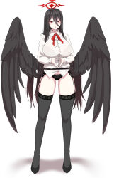 Rule 34 | 1girl, absurdres, alternate costume, black choker, black footwear, black hair, black panties, black wings, blue archive, bow, bowtie, breasts, choker, commentary request, feathered wings, finger touching, full body, garter straps, hair between eyes, halo, hasumi (blue archive), high heels, highres, large breasts, large wings, long bangs, long hair, long sleeves, looking at viewer, majinmallow, mole, mole under eye, no pants, own hands together, panties, parted lips, red bow, red bowtie, red eyes, shirt, sidelocks, simple background, solo, standing, underwear, white background, white shirt, wings