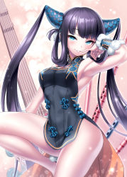 Rule 34 | 1girl, armpits, bare shoulders, black dress, blue eyes, blunt bangs, blush, breasts, china dress, chinese clothes, cleavage, detached sleeves, dress, fate/grand order, fate (series), flute, hair ornament, highres, instrument, knee up, long hair, looking at viewer, medium breasts, parted lips, pink background, pipa (instrument), smile, solo, thighs, twintails, very long hair, yang guifei (fate), yang guifei (second ascension) (fate), zen