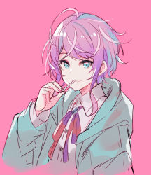 Rule 34 | 1girl, ahoge, blue eyes, blue jacket, closed mouth, collared shirt, cropped torso, dress shirt, hand up, holding, hood, hood down, hooded jacket, hypnosis mic, jacket, long sleeves, looking at viewer, male focus, meito (maze), multicolored hair, neck ribbon, nijisanji, open clothes, open jacket, pink background, pink hair, purple hair, red ribbon, ribbon, shirt, sidelocks, simple background, smile, solo, streaked hair, upper body, virtual youtuber, white shirt, yuuhi riri