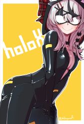 Rule 34 | 1girl, absurdres, animal hood, arched back, bare arms, black bodysuit, black hair, bodysuit, braid, breasts, catsuit, center opening, closed mouth, commentary request, cosplay, eye mask, grey hair, gun, hair ornament, handgun, highres, holding, holding gun, holding weapon, hololive, hood, large breasts, leaning forward, light blush, looking at viewer, lupin iii, medium hair, mikagura, mine fujiko, mine fujiko (cosplay), multicolored hair, orca hood, partially unzipped, plunging neckline, sakamata chloe, side braid, skin tight, smile, solo, streaked hair, twitter username, v arms, virtual youtuber, weapon, x hair ornament, yellow background