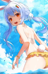 Rule 34 | 1girl, :d, absurdres, alternate costume, alternate hairstyle, animal ear fluff, animal ears, ass, bare arms, bare shoulders, bikini, blue hair, blush, breasts, carrot hair ornament, cloud, cloudy sky, commentary, cowboy shot, day, food-themed hair ornament, frilled bikini, frills, hair ornament, highres, hololive, looking at viewer, looking back, medium breasts, open mouth, outdoors, rabbit-shaped pupils, rabbit ears, rabbit girl, rabbit tail, red eyes, round teeth, sideboob, sky, smile, snozaki, solo, swimsuit, symbol-shaped pupils, tail, teeth, twintails, upper teeth only, usada pekora, virtual youtuber, water, wristband, yellow bikini