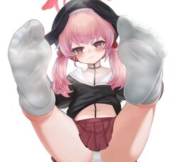 Rule 34 | 1girl, beret, black hat, black shirt, black wings, blue archive, blush, dokomon, feet, foot focus, halo, hat, head wings, highres, koharu (blue archive), long hair, long sleeves, looking at viewer, navel, no shoes, open mouth, panties, pink eyes, pink hair, pleated skirt, red halo, red skirt, sailor collar, sailor shirt, shirt, simple background, skirt, socks, soles, solo, toes, twintails, underwear, white background, white panties, white sailor collar, white socks, wings