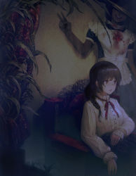 Rule 34 | black hair, blood, blood on face, blood on clothes, braid, brown eyes, brown hair, couch, curtains, dark, frills, hisahisahisahisa, horror (theme), indoors, long hair, maid, original, parted lips, plant, red curtains, red ribbon, ribbon, sitting, smile, teeth, upper teeth only, v