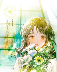 Rule 34 | 1girl, blurry, bouquet, brown eyes, brown hair, closed mouth, commentary request, curtains, depth of field, flower, indoors, instagram username, looking at viewer, original, pixiv id, say hana, shirt, signature, solo, twitter username, upper body, white flower, white shirt, window