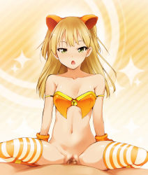 Rule 34 | 10s, 1boy, 1girl, animal ears, bare shoulders, black eyes, blonde hair, blush, bottomless, breasts, cat ears, censored, cleavage, clothed female nude male, collarbone, cowgirl position, girl on top, gloves, highres, idolmaster, idolmaster cinderella girls, jougasaki rika, kaiga, long hair, looking at viewer, navel, nude, open mouth, penis, pov, pussy, sex, sitting, sitting on person, spread legs, straddling, striped clothes, striped thighhighs, sweat, thighhighs, vaginal, yellow eyes