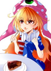 Rule 34 | + +, 1girl, american flag shirt, blush, breasts, cake, chair, clownpiece, commentary request, fingernails, food, food on face, fork, hair between eyes, hands up, hat, highres, jester cap, long fingernails, long hair, looking to the side, medium breasts, muumuu (sirufuruteienn), neck ruff, one-hour drawing challenge, open mouth, orange hair, pink hat, plate, polka dot, red eyes, shirt, short sleeves, simple background, sitting, solo, star (symbol), star print, striped clothes, striped shirt, table, touhou, white background