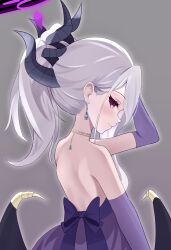 Rule 34 | 1girl, black horns, black wings, blue archive, blush, closed mouth, demon horns, dress, elbow gloves, gloves, grey background, grey hair, highres, hina (blue archive), hina (dress) (blue archive), horns, jewelry, long hair, multiple horns, necklace, official alternate costume, official alternate hairstyle, profile, purple dress, purple eyes, purple gloves, raimu (clanberry000), simple background, smile, solo, strapless, strapless dress, wings
