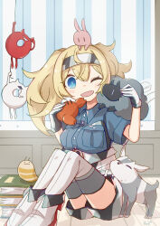 Rule 34 | 1girl, abyssal ship, ane hoshimaru, animal, animal on head, animal on shoulder, blonde hair, blue eyes, blue shirt, breast pocket, breasts, collared shirt, commentary request, commission, crab, crab on shoulder, enemy lifebuoy (kancolle), gambier bay (kancolle), gloves, goat, hair between eyes, hairband, highres, kantai collection, long hair, medium breasts, multicolored clothes, multicolored gloves, multicolored hairband, on head, one eye closed, pocket, rabbit, rabbit on head, sheep, shirt, short sleeves, sitting, skeb commission, smile, solo, thighhighs, twintails, white footwear, white thighhighs