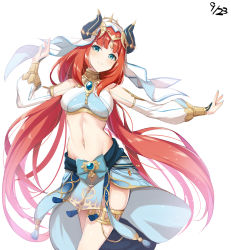 Rule 34 | 1girl, aqua eyes, bare shoulders, breasts, brooch, circlet, cowboy shot, crop top, detached sleeves, floating hair, forehead jewel, genshin impact, gold trim, hand up, harem outfit, highres, jewelry, long hair, long sleeves, looking at viewer, low twintails, medium breasts, navel, neck ring, nilou (genshin impact), outstretched arm, parted bangs, parted lips, pelvic curtain, puffy long sleeves, puffy sleeves, red hair, simple background, skirt, smile, solo, stomach, thighlet, thighs, twintails, vambraces, veil, vision (genshin impact), white background, white sleeves, yu-ta