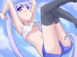 Rule 34 | 1girl, armpits, arms up, black thighhighs, blush, breasts, camisole, character request, cloud, copyright request, female focus, light purple hair, long hair, navel, nipple slip, nipples, panties, ponytail, purple eyes, shorts, sky, small breasts, solo, thighhighs, thighs, toku sonchou, underwear, upshorts
