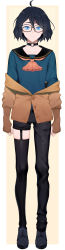 Rule 34 | 1boy, absurdres, ahoge, asymmetrical clothes, asymmetrical legwear, beige background, black-framed eyewear, black choker, black footwear, black hair, black thighhighs, blouse, blue eyes, blush, border, braid, braided bangs, brown cardigan, brown gloves, cardigan, choker, closed mouth, collar, collarbone, commentary request, fingerless gloves, full body, garter straps, glasses, gloves, green shirt, hair between eyes, highres, indie virtual youtuber, kushizaki (vtuber), long sleeves, looking at viewer, male focus, neckerchief, off shoulder, outside border, ribbed gloves, shirt, shoes, short hair, single braid, single pantsleg, single thighhigh, solo, st (youx1119), standing, thighhighs, two-tone background, uneven legwear, virtual youtuber, white border