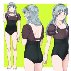Rule 34 | 1girl, alternate costume, ass, back, backless outfit, bare legs, barefoot, black one-piece swimsuit, blush, braid, brown shirt, closed mouth, collarbone, covered navel, cowboy shot, feet, flat chest, from behind, full body, green background, green hairband, grey eyes, grey hair, hairband, highres, kantai collection, long hair, looking at viewer, multiple views, ojipon, one-piece swimsuit, shirt, short sleeves, sidelocks, simple background, single braid, smile, standing, swimsuit, toes, two-tone swimsuit, wavy hair, yamagumo (kancolle)