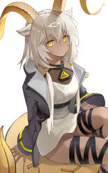 Rule 34 | 1girl, absurdres, animal ears, arknights, beeswax (arknights), black jacket, breasts, collar, dark-skinned female, dark skin, dress, goat ears, goat girl, goat horns, grey hair, highres, horns, infection monitor (arknights), jacket, long hair, long sleeves, looking at viewer, low twintails, medium breasts, open clothes, open jacket, parted lips, simple background, sitting, skindentation, solo, thigh strap, third eye, twintails, underbust, very long hair, white background, white dress, yellow eyes, ykuu yousei