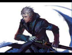 Rule 34 | 1boy, capcom, coat, devil may cry, devil may cry (series), dmc: devil may cry, drawing sword, fighting stance, holding, holding sword, holding weapon, katana, kdash, letterboxed, motion blur, ready to draw, realistic, sheath, sheathed, sword, vergil (devil may cry), vergil (dmc: devil may cry), weapon, white hair