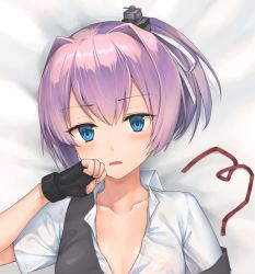 Rule 34 | 1girl, bed sheet, black vest, blue eyes, blush, collarbone, collared shirt, covered erect nipples, d:, eyes visible through hair, fingerless gloves, fukuroumori, gloves, hair intakes, hair ornament, hair ribbon, hand to own mouth, kantai collection, looking at viewer, lying, off shoulder, on back, open mouth, pink hair, ponytail, red ribbon, ribbon, unworn ribbon, school uniform, see-through, shiranui (kancolle), shiranui kai ni (kancolle), shirt, short sleeves, solo, unbuttoned, upper body, vest, white ribbon, white shirt