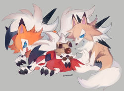 Rule 34 | ^ ^, blue eyes, claws, closed eyes, creature, creatures (company), evolutionary line, full body, game freak, gen 7 pokemon, grey background, hoko (coornxx), lycanroc, lycanroc (dusk), lycanroc (midday), lycanroc (midnight), lying, nintendo, no humans, on stomach, pokemon, pokemon (creature), pokemon on back, red eyes, rockruff, simple background, sitting