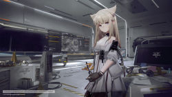 Rule 34 | 1girl, animal ears, arknights, arknights: endfield, belt, black gloves, black pantyhose, blue eyes, concept art, copyright name, cowboy shot, dress, english text, extra ears, gloves, grey hair, highres, holding, holographic interface, indoors, jacket, long hair, looking at viewer, off shoulder, official art, open clothes, open jacket, pantyhose, paper, perlica (arknights), pouch, science fiction, short sleeves, sleeveless, sleeveless dress, solo, spacecraft, spacecraft interior, two-tone gloves, white belt, white dress, white jacket, yellow gloves