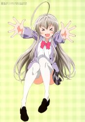 Rule 34 | &gt; &lt;, 1girl, absurdres, ahoge, bow, bowtie, closed eyes, female focus, full body, green background, haiyore! nyaruko-san, highres, long hair, long sleeves, nyarlathotep (nyaruko-san), official art, outstretched arm, palms, pink bow, pink bowtie, ribbon, shoes, simple background, thighhighs, very long hair, white thighhighs, wince