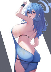 Rule 34 | 1girl, absurdres, ako (blue archive), ako (dress) (blue archive), areola slip, ass, backless dress, backless outfit, black hairband, blue archive, blue dress, blue eyes, blue hair, blue halo, blush, breasts, butt crack, covered erect nipples, cowboy shot, cuffs, dress, earrings, hair between eyes, hairband, halo, handcuffs, highres, jewelry, jiang (kplrt 07), large breasts, long hair, looking at viewer, official alternate costume, open mouth, sideboob, sleeveless, sleeveless dress, solo