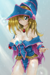 Rule 34 | 1girl, bad id, bad pixiv id, bare legs, bare shoulders, blonde hair, blush stickers, breasts, clothes lift, cowboy shot, dark magician girl, duel monster, green eyes, hat, highres, lens flare, long hair, love (pspdspsp), magical girl, one eye closed, pentacle, poking, rain, skirt, skirt lift, solo, water, wet, wet clothes, wink, wizard hat, yu-gi-oh!, yu-gi-oh! duel monsters