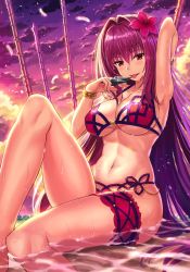 Rule 34 | 1girl, armpits, bare shoulders, beach, bikini, bracelet, breasts, cleavage, collarbone, evening, fate/grand order, fate (series), feathers, flower, gae bolg (fate), hair between eyes, hair flower, hair intakes, hair ornament, hibiscus, highres, holding, holding weapon, jewelry, kunai, large breasts, bridal garter, long hair, looking at viewer, navel, npcpepper, open mouth, partially submerged, pink bikini, purple bikini, purple hair, red eyes, scathach (fate), scathach (fate), scathach (swimsuit assassin) (fate), sitting, smile, solo, stomach, swimsuit, thigh strap, thighs, tongue, tongue out, underboob, very long hair, weapon