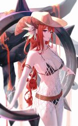 Rule 34 | 1girl, arknights, arm strap, bare shoulders, bikini, black bikini, bracelet, breasts, cleavage, cowboy hat, hair ornament, hat, highres, horns, jewelry, large breasts, leria v, long hair, looking at viewer, navel, parted lips, red eyes, red hair, solo, surtr (arknights), swimsuit, thighs