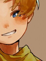Rule 34 | 1boy, blonde hair, blue eyes, blush, blush stickers, brown background, child, close-up, haru-cho, highres, looking at viewer, lucas (mother 3), male focus, mother (game), mother 3, nintendo, shirt, short hair, smile, solo, striped clothes, striped shirt, teeth, upper body