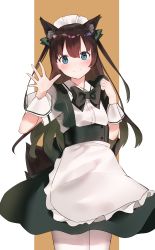 Rule 34 | 1girl, absurdres, animal ears, apron, black bow, black bowtie, black skirt, blue eyes, blush, bow, bowtie, brown background, brown hair, closed mouth, collared shirt, commentary request, dress shirt, fox ears, fox girl, fox tail, frilled apron, frills, green bow, hair between eyes, hair bow, hands up, highres, idemitsu, long hair, maid, maid headdress, original, pantyhose, shirt, short sleeves, skirt, smile, solo, tail, two-tone background, two side up, very long hair, waist apron, white apron, white background, white pantyhose, white shirt, wrist cuffs