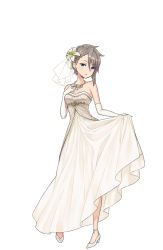 Rule 34 | 1girl, ange (princess principal), asymmetrical bangs, bare shoulders, blue eyes, bouquet, braid, braided bangs, breasts, bridal gauntlets, cleavage, dress, earrings, flower, full body, gloves, grey hair, hair flower, hair ornament, high heels, highres, indoors, jewelry, lily (flower), looking at viewer, necklace, official art, princess principal, princess principal game of mission, short hair, skirt hold, solo, standing, transparent background, white dress, white footwear, white gloves