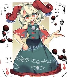 1girl 7-mirano dress eye_print highres horn_ornament horn_ribbon horns jewelry looking_at_viewer meandros open_mouth outline outside_border patterned_clothing petroleum red_eyes red_frills red_horns red_sleeves ribbon sharp_teeth sheep_horns short_hair smile solo standing teeth touhou toutetsu_yuuma twitter_username utensil white_hair white_outline