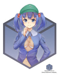 Rule 34 | 1girl, blue eyes, blue hair, blush, breasts, character name, cleavage, cleavage cutout, clothing cutout, english text, hair bobbles, hair ornament, hand to own mouth, hat, kawashiro nitori, key, large breasts, long hair, looking at viewer, matching hair/eyes, navel, nero (sabubox), open clothes, open shirt, pocket, shirt, short hair, smile, solo, touhou, twintails, two side up, upper body