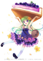 Rule 34 | 1girl, :d, armpits, arms up, blueberry, cover image, fairy, fairy wings, flower, food, fruit, full body, green hair, hair flower, hair ornament, lai geming ba! fupenzi, long hair, looking at viewer, mary janes, open mouth, oversized food, oversized object, pie, purple eyes, shinia, shoes, simple background, smile, solo, thighhighs, very long hair, white background, wings