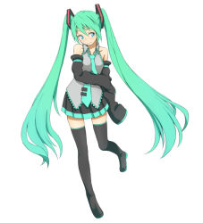 Rule 34 | 1girl, bare shoulders, boots, detached sleeves, green eyes, green hair, hatsune miku, jaco, long hair, matching hair/eyes, necktie, simple background, skirt, sleeves past wrists, solo, thigh boots, thighhighs, twintails, very long hair, vocaloid, white background
