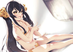 Rule 34 | 1girl, :d, animal print, bikini, black hair, blurry, blurry background, blush, brown eyes, brown hair, commentary request, depth of field, feet out of frame, flat chest, flower, gradient hair, hair between eyes, hair ribbon, idolmaster, idolmaster cinderella girls, legs, leopard print, light particles, long hair, looking at viewer, maremay0513, matoba risa, multicolored hair, navel, open mouth, orange bikini, ribbon, side-tie bikini bottom, sitting, smile, solo, swimsuit, twintails, v, very long hair