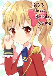 Rule 34 | 10s, 1girl, aikatsu! (series), aikatsu stars!, bad id, bad pixiv id, blonde hair, blue bow, blue bowtie, blush, bow, bowtie, brown eyes, closed mouth, epaulettes, hair between eyes, hair bow, hand up, happy birthday, jacket, long hair, long sleeves, looking at viewer, looking to the side, nijino yume, open clothes, open jacket, pink bow, polka dot, polka dot background, red jacket, shirt, smile, solo, sutei (xfzdarkt), twintails, white background, white shirt