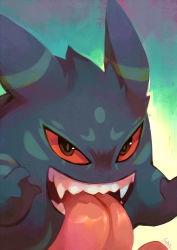 Rule 34 | black eyes, colored sclera, commentary, commission, creature, creatures (company), english commentary, fangs, game freak, gen 1 pokemon, gengar, ghost, gradient background, looking at viewer, nintendo, no humans, pokemon, pokemon (creature), red sclera, salanchu, signature, solo, tongue, tongue out, upper body
