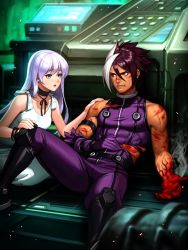 Rule 34 | 1boy, 1girl, black hair, bleeding, blood, blood on clothes, blood on face, blue eyes, blue hair, bruise, cuts, dress, injury, isolde (kof), looking at another, nameless (kof), official art, scratches, shirt, snk, the king of fighters, the king of fighters 2002, the king of fighters all-stars, torn clothes, torn shirt, white dress, white hair
