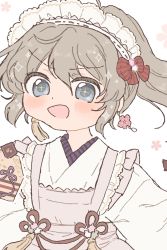Rule 34 | + +, 1girl, :d, apron, blue eyes, blush, bow, cherry blossoms, dot nose, earrings, flower, flower earrings, frilled apron, frills, grey eyes, grey hair, hair between eyes, highres, japanese clothes, jewelry, kimono, long sleeves, looking at viewer, maid, maid headdress, mononobe no futo, open mouth, ponytail, red bow, sakurasaka, simple background, smile, solo, sparkle, tassel, tassel earrings, touhou, upper body, wa maid, white apron, white background, white kimono, wide sleeves