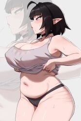 Rule 34 | 1girl, absurdres, ahoge, black hair, breasts, cameltoe, cleft of venus, clothes lift, covered erect nipples, highres, kharuart, large breasts, mole, mole on breast, mole under mouth, original, panties, plump, pointy ears, red eyes, shirt lift, short hair, solo, standing, sweat, sweaty clothes, tank top, underwear