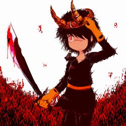 Rule 34 | 1girl, armor, gloves, horns, lowres, magic: the gathering, oekaki, seirei (mimi toka), short hair, solo, sword, weapon