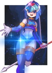 Rule 34 | 1girl, :d, android, blue eyes, blue footwear, blue headwear, bodysuit, boots, border, breasts, commentary request, glint, happy, helmet, highres, holding, holding polearm, holding weapon, leg up, fairy leviathan (mega man), looking at viewer, mega man (series), mega man zero (series), open mouth, outside border, polearm, small breasts, smile, solo, sparkle, spear, standing, standing on one leg, teeth, tesshii (riza4828), thigh boots, upper teeth only, weapon, white border