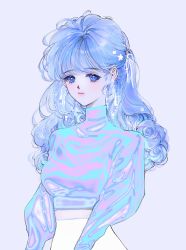 Rule 34 | 1girl, blue eyes, blue hair, curly hair, death mogi, earrings, highres, iridescent, jewelry, long hair, long sleeves, looking at viewer, original, purple background, purple theme, simple background, solo, upper body