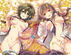 Rule 34 | 2girls, bad id, bad pixiv id, blush, breasts, breasts apart, brown eyes, brown hair, collar, female pubic hair, green eyes, kouguchi moto, leaf, long hair, looking at viewer, lying, medium breasts, multiple girls, nipples, on back, original, pubic hair, pussy, pussy juice, sex toy, short hair, small breasts, smile, uncensored, vibrator