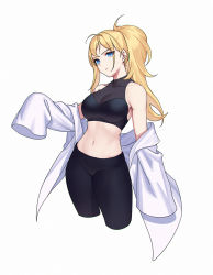 Rule 34 | 1girl, bare shoulders, black pants, black shirt, blonde hair, blue eyes, breasts, cleavage, closed mouth, crop top, cropped legs, jacket, large breasts, long hair, long sleeves, looking at viewer, midriff, navel, off shoulder, open clothes, open jacket, original, pants, ponytail, shirt, simple background, siun, sleeveless, sleeveless shirt, sleeves past fingers, sleeves past wrists, solo, stomach, white background, white jacket, yoga pants