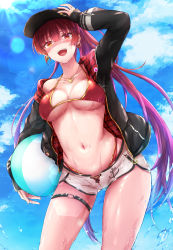 Rule 34 | 1girl, :d, absurdres, ball, beachball, bikini, bikini under clothes, black jacket, blue sky, blush, breasts, cleavage, cloud, collarbone, day, earrings, floating hair, hair between eyes, heart, heart earrings, heart pendant, highres, hololive, houshou marine, houshou marine (summer), jacket, jewelry, kono ya, large breasts, lens flare, long hair, long sleeves, looking at viewer, open clothes, open jacket, open mouth, orange eyes, outdoors, red bikini, red hair, short shorts, shorts, sky, smile, solo, standing, swimsuit, twintails, underboob, very long hair, virtual youtuber, white shorts