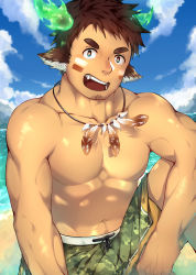 Rule 34 | 1boy, abs, alternate costume, alternate pectoral size, animal ears, bara, beach, bright pupils, brown eyes, brown hair, camouflage, camouflage shorts, cow boy, cow ears, cow horns, facial hair, feather necklace, feet out of frame, fiery horns, forked eyebrows, glowing horns, goatee, highres, horns, laserbiubiu, looking at viewer, male focus, male swimwear, navel, navel hair, necklace, no nipples, pectorals, print male swimwear, short hair, shorts, sideburns, sky, smile, solo, spiked hair, stomach, swim trunks, thick eyebrows, tokyo houkago summoners, toned, toned male, topless male, wakan tanka