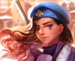 Rule 34 | 1girl, aged down, ana (overwatch), artist name, backlighting, beret, black hair, blue jacket, brown eyes, building, captain amari, daible, dark-skinned female, dark skin, day, english text, facial mark, facial tattoo, gloves, gun, hat, jacket, lips, long hair, looking at viewer, md5 mismatch, military, military uniform, nose, official alternate costume, outdoors, overwatch, overwatch 1, portrait, resolution mismatch, rifle, signature, solo, source larger, sunlight, tattoo, uniform, weapon, wind